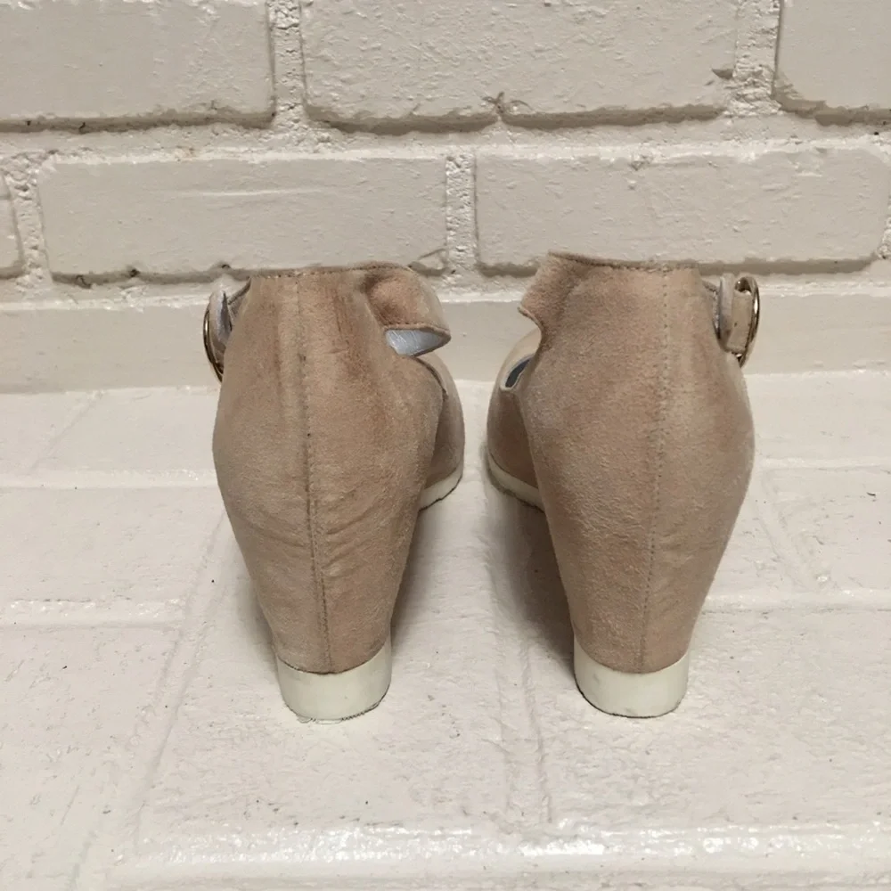 Ankle-Strap Nude Wedge Pumps